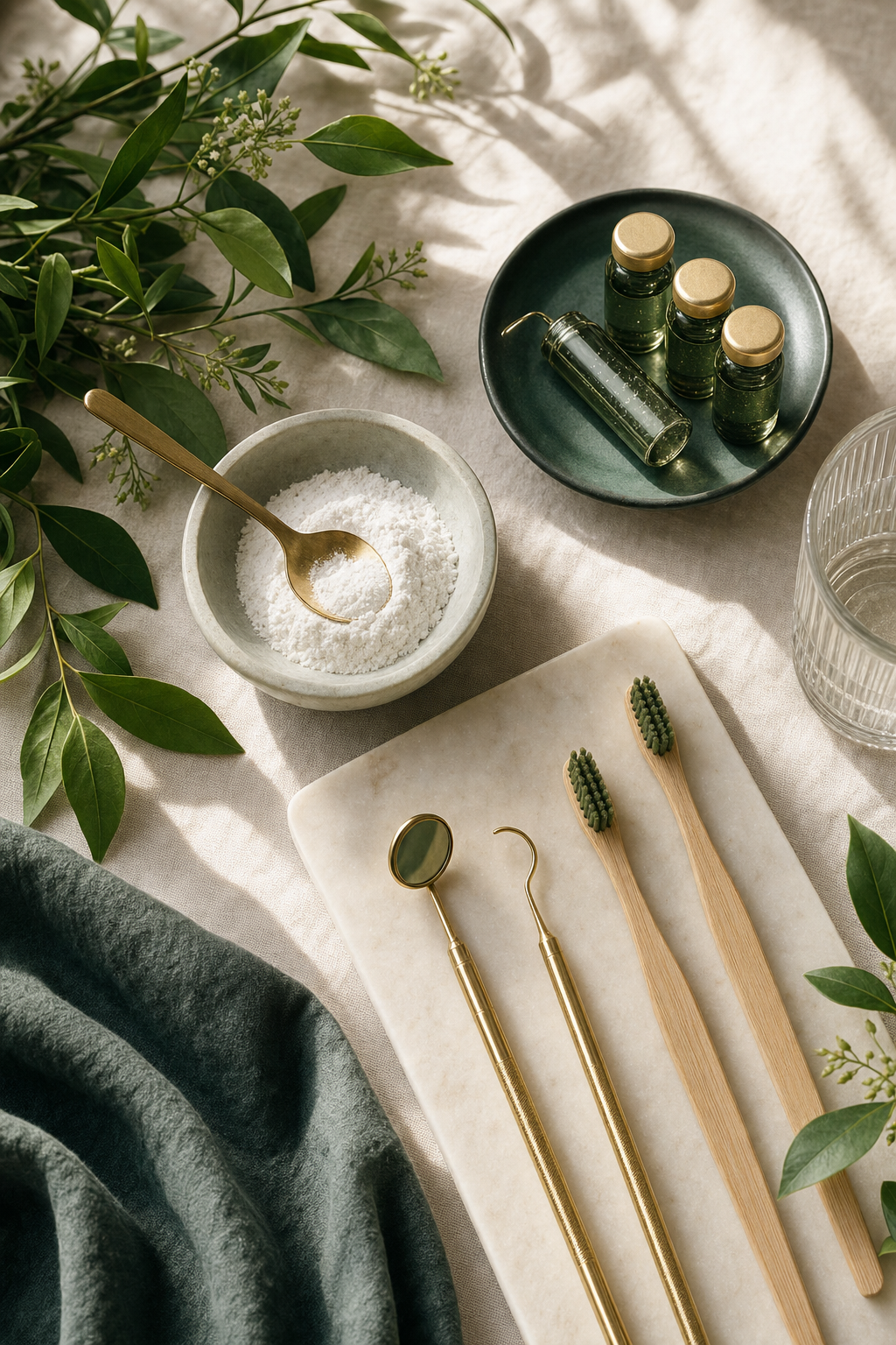Elegant holistic dental wellness tools — gold instruments, mineral powder, green botanicals