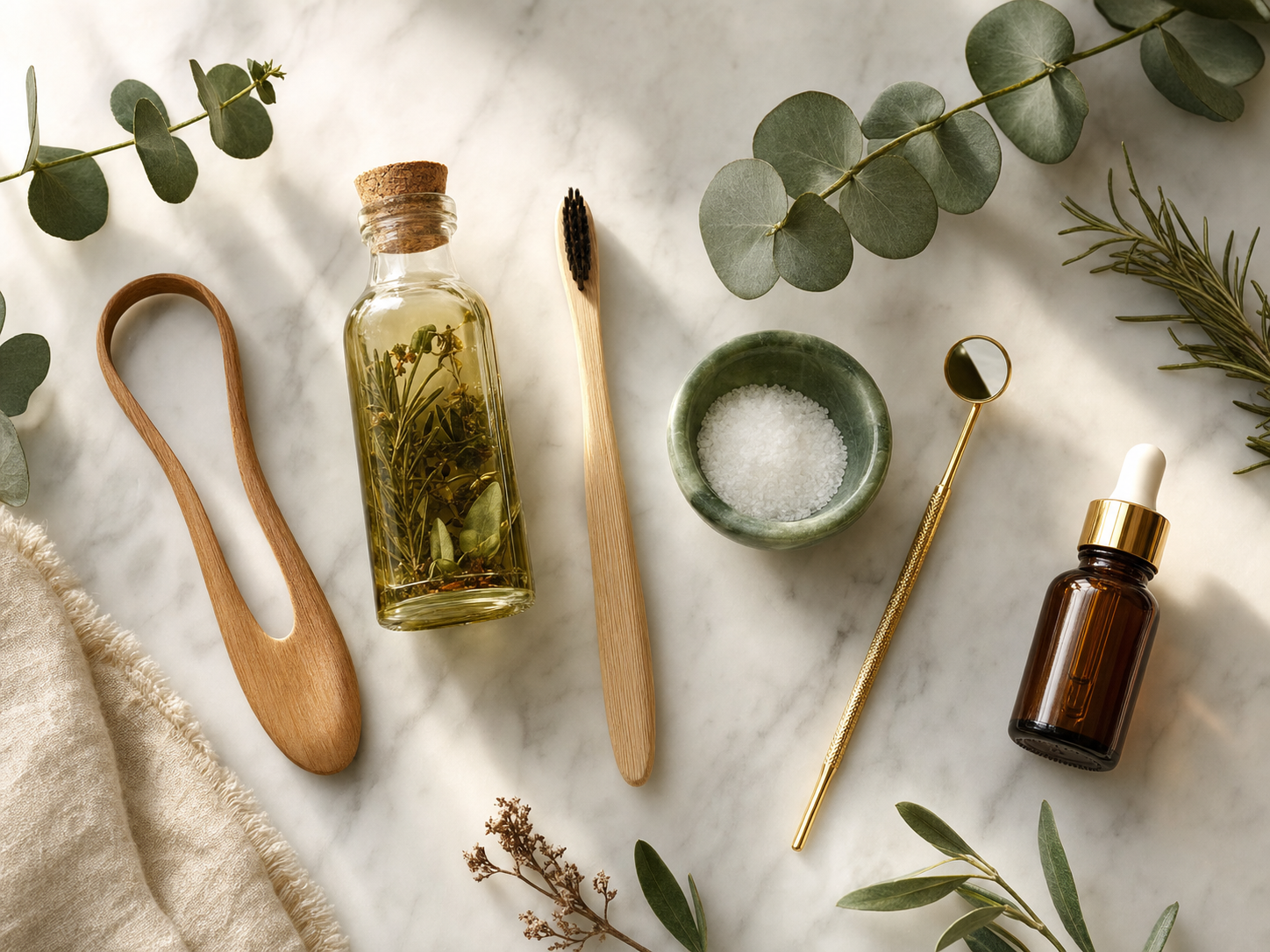 Natural holistic dental hygiene tools — bamboo brush, mineral powder, green botanicals
