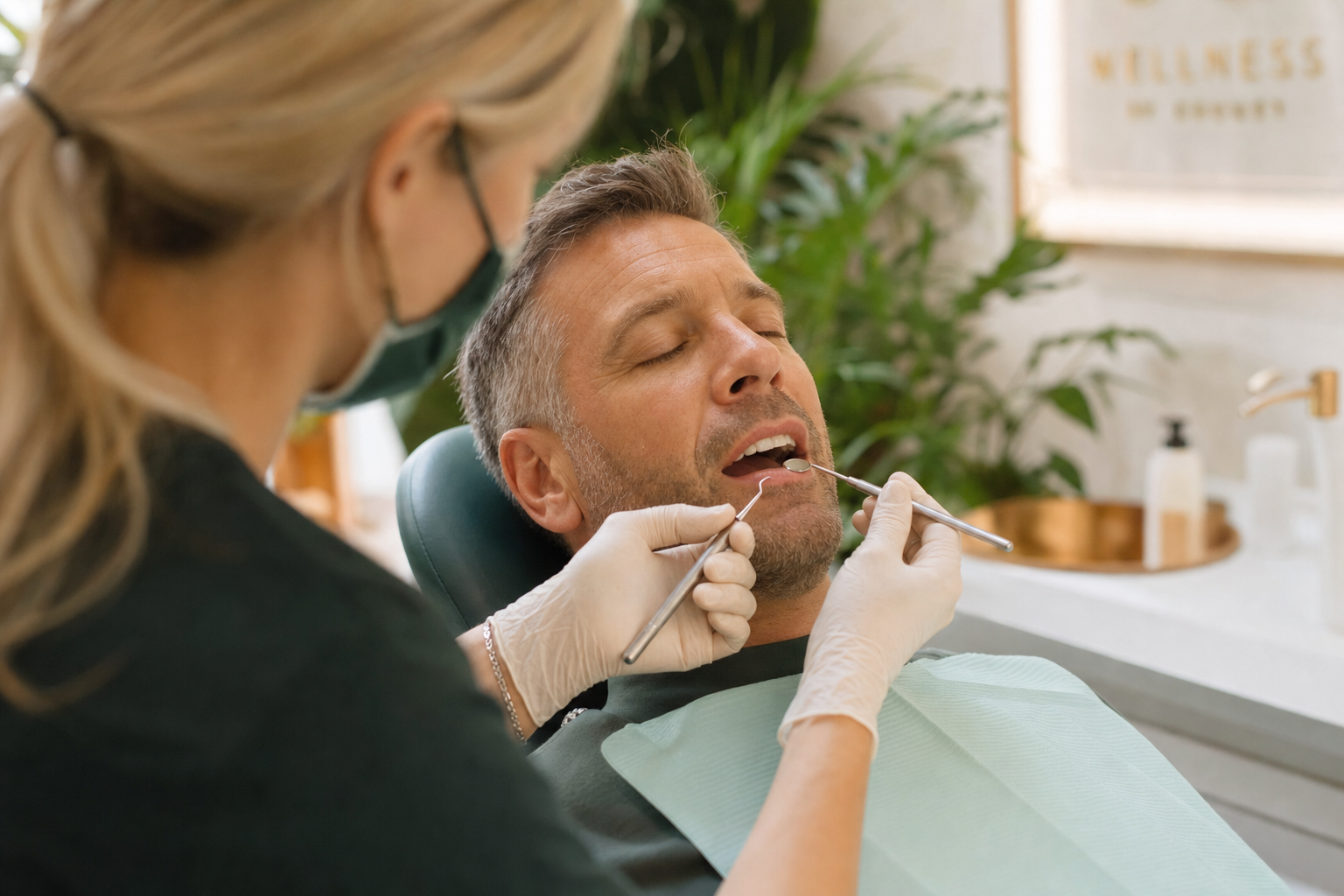 Male patient receiving periodontal maintenance care in a warm spa-like treatment room