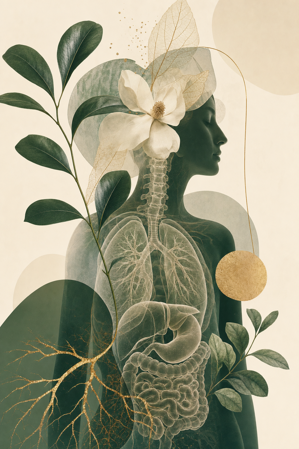 Abstract botanical and anatomical collage representing the oral-systemic health connection