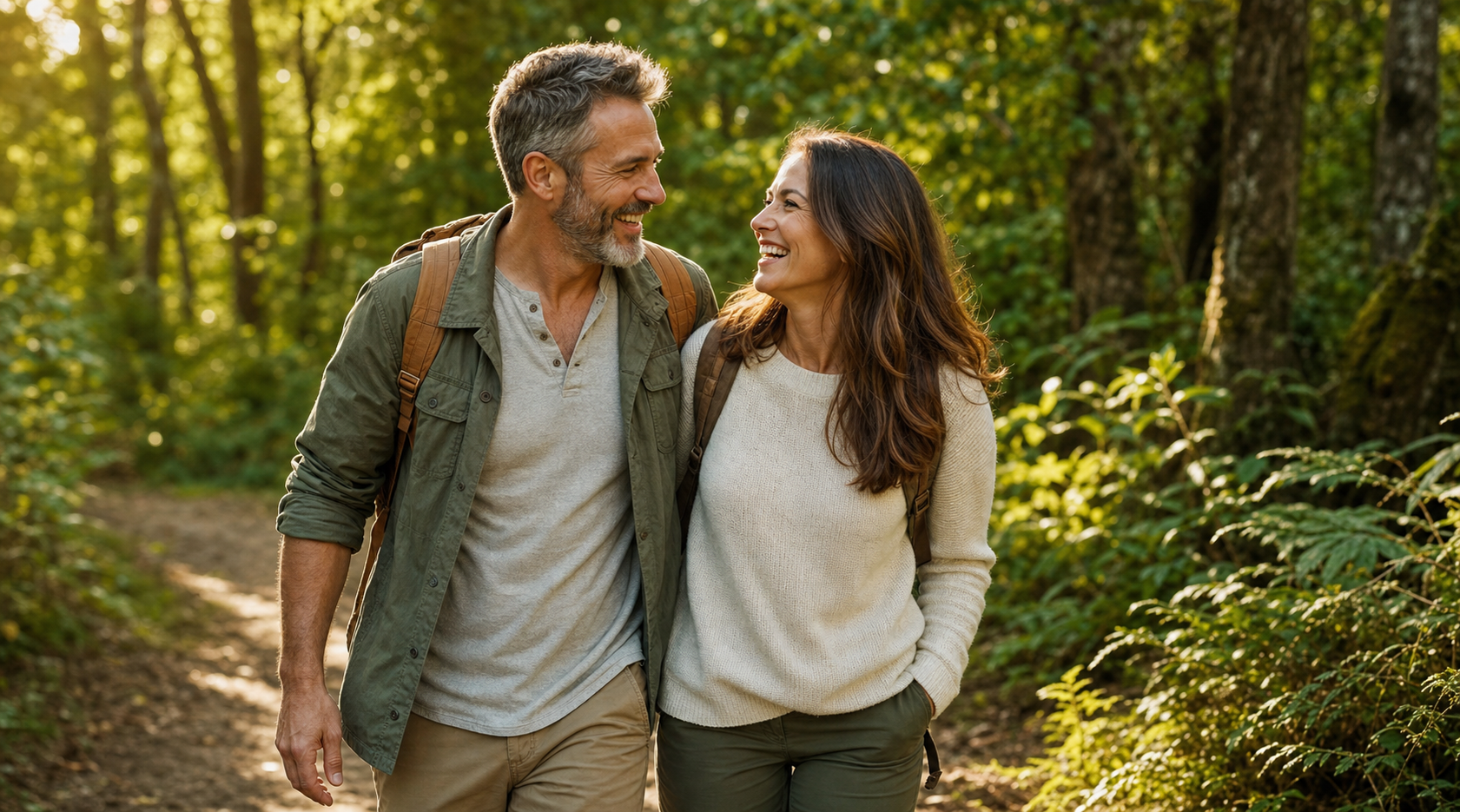 Happy couple with healthy smiles walking together on a lush forest nature trail