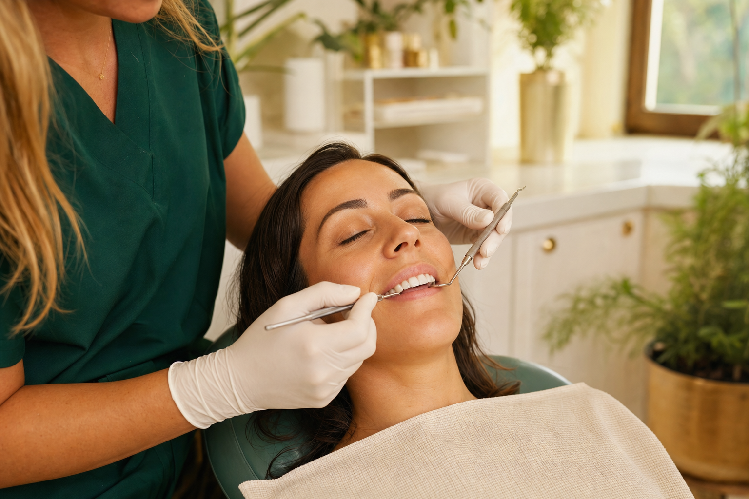 Patient receiving biological periodontal therapy in a warm spa-like treatment room